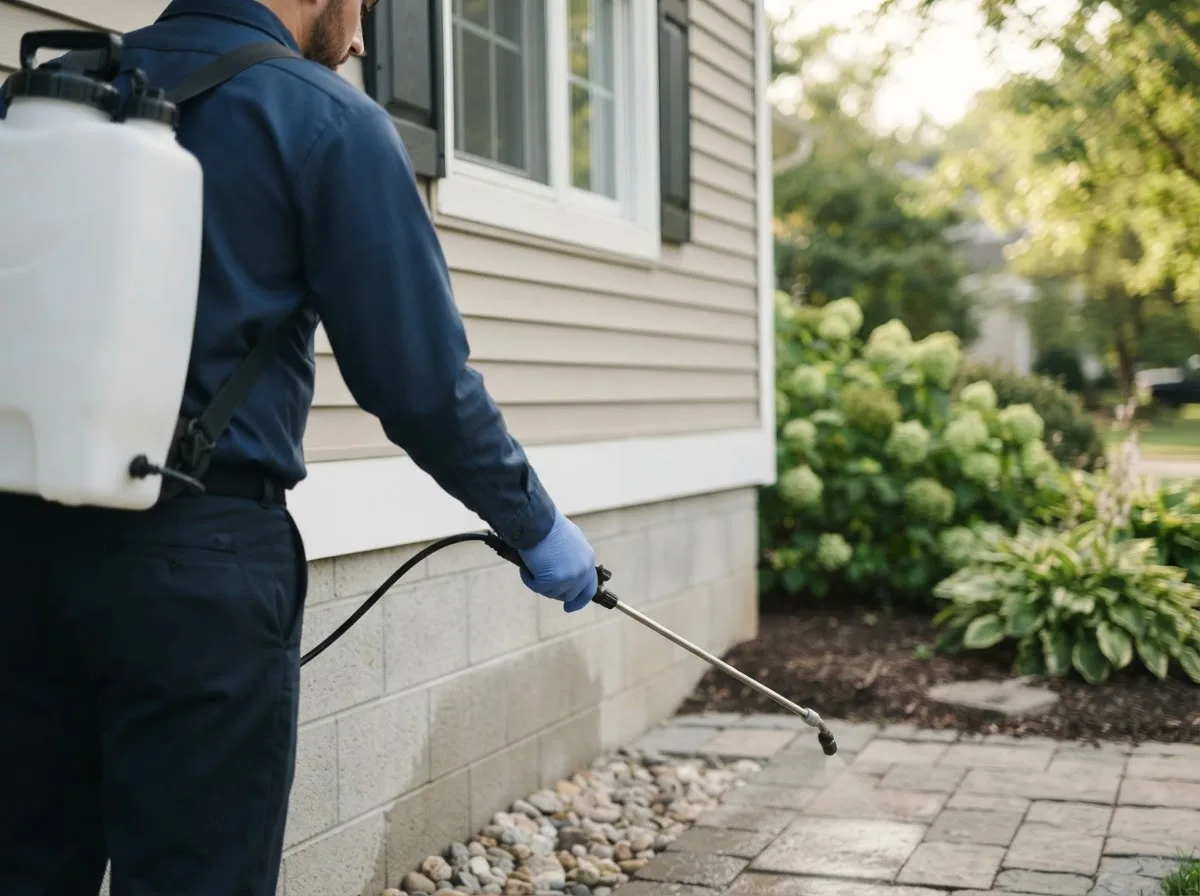 Pest control technician inspecting a home in Alanson, MI